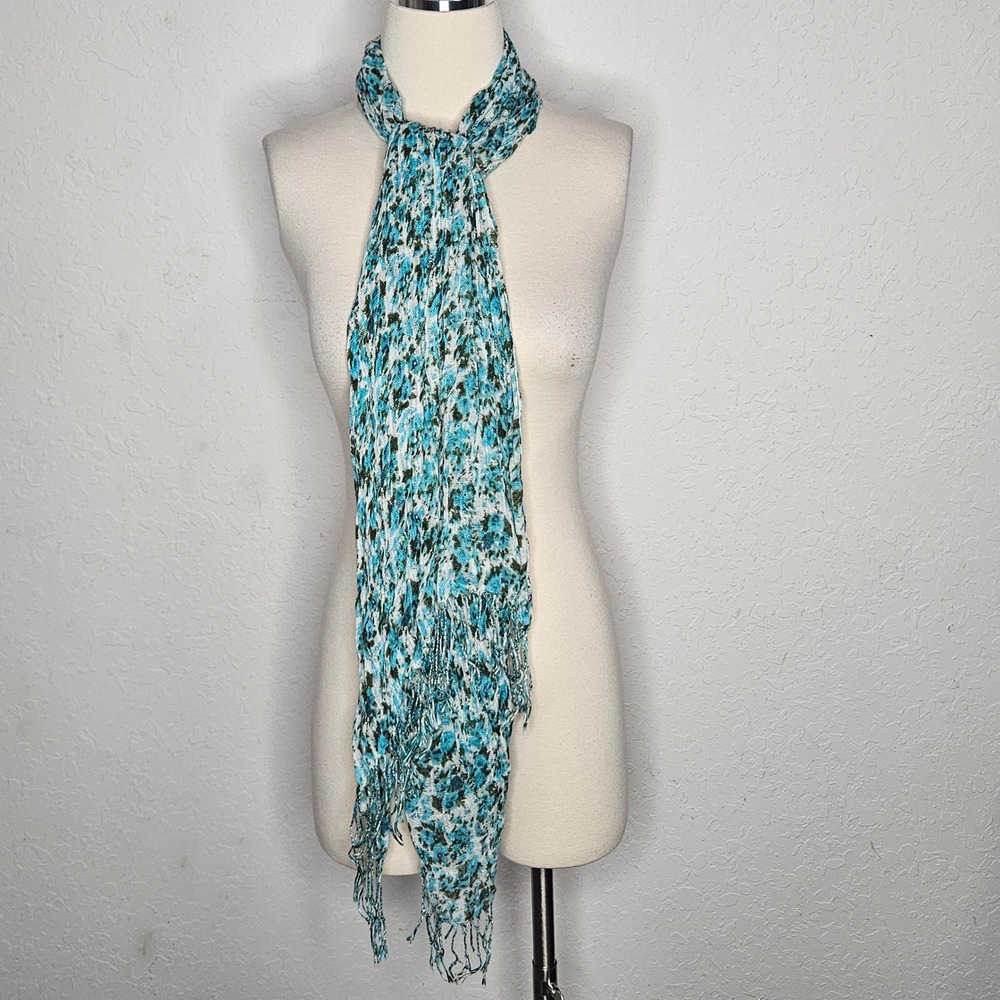 Turquoise Blue Floral Print Lightweight Fringed Scarf Shawl Wrap Abstract Boho